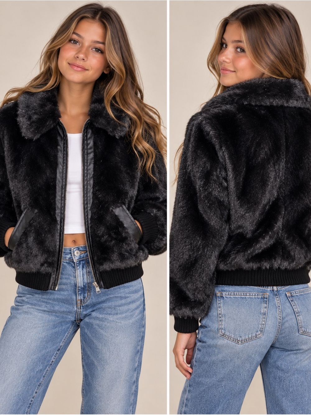 Vintage 80s Yoki Black Faux Fur Bomber Jacket Youth Size M